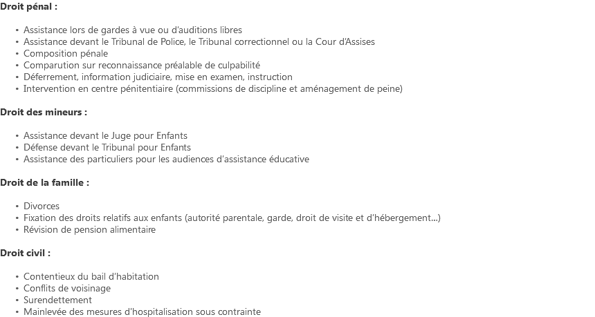 Droit pénal : Assistance lors de gardes à vue ou d’auditions libres Assistance devant le Tribunal de Police, le Tribunal correctionnel ou la Cour d’Assises Composition pénale Comparution sur reconnaissance préalable de culpabilité Déferrement, information judiciaire, mise en examen, instruction Intervention en centre pénitentiaire (commissions de discipline et aménagement de peine) Droit des mineurs : Assistance devant le Juge pour Enfants Défense devant le Tribunal pour Enfants Assistance des particuliers pour les audiences d’assistance éducative Droit de la famille : Divorces Fixation des droits relatifs aux enfants (autorité parentale, garde, droit de visite et d’hébergement…) Révision de pension alimentaire Droit civil : Contentieux du bail d’habitation Conflits de voisinage Surendettement Mainlevée des mesures d'hospitalisation sous contrainte